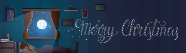 Merry Christmas Text In Window from Bedroom with Sleeping Girl Winter Holidays Banner — стоковый вектор