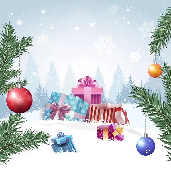 Scatole regalo nella foresta invernale Buon Natale sullo sfondo Design Holidays Banner — Vettoriale Stock