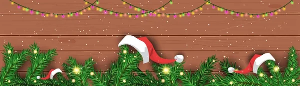 Natal e ano novo pôster decorativo férias horizontais banner pinho árvore ramos no fundo de madeira — Vetor de Stock