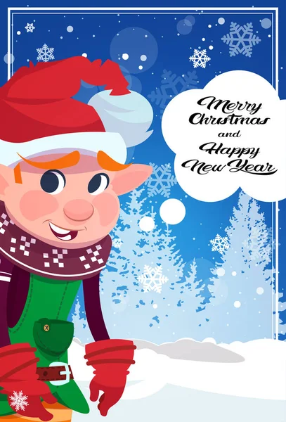 Elf pozdrav s Veselé Vánoce a šťastný nový rok zimní svátky plakát — Stockový vektor