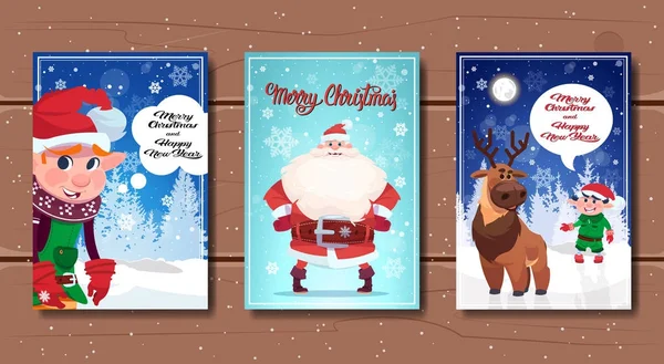 Set Of Merry Christmas And Happy New Year Posters With Holiday Characters In Winter Forest — Stock Vector