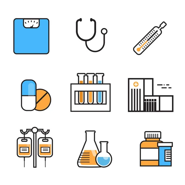 Medizinische Ikone setzt dünne Linie Medizin Ausrüstung Zeichen auf weißem Hintergrund Krankenhaus Behandlungskonzept — Stockvektor
