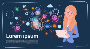 Grafikler ve grafik Infographics iş kadın seminer veya rapor toplantı ile dijital ekran üzerinden tanıtım standı Holding iş kadını