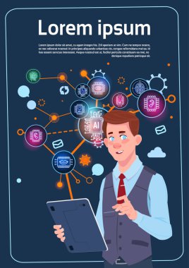 Grafikler ve grafik Infographics iş adam seminer veya rapor toplantı ile dijital ekran üzerinden tanıtım standı tutan işadamı