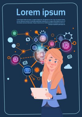 Grafikler ve grafik Infographics iş kadın seminer veya rapor toplantı ile dijital ekran üzerinden tanıtım standı Holding iş kadını