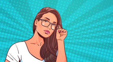 Retro Pop sanat arka plan çekici Bayan uzun saçlı üzerinde gözlük güzel kadın portresi