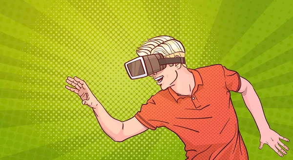 Uomo indossare occhiali 3d occhiali realtà virtuale gesturing Pop Art Style sfondo — Vettoriale Stock