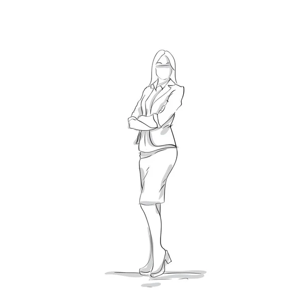 商业妇女剪影站立与折叠的胳膊全长女实业家 Skecth 在白色背景 — 图库矢量图片