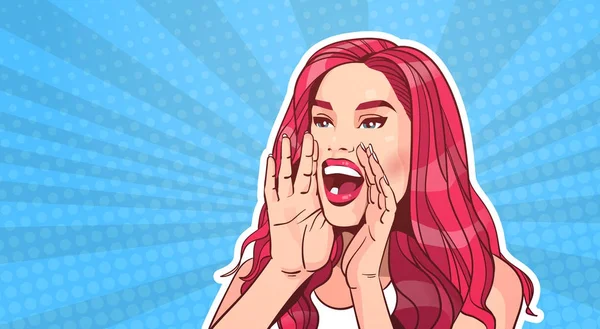 Schön Frau schreiend Werbung Ankündigungskonzept über Pop Art Plakat Hintergrund attraktiv Frau mit langen roten Haaren — Stockvektor