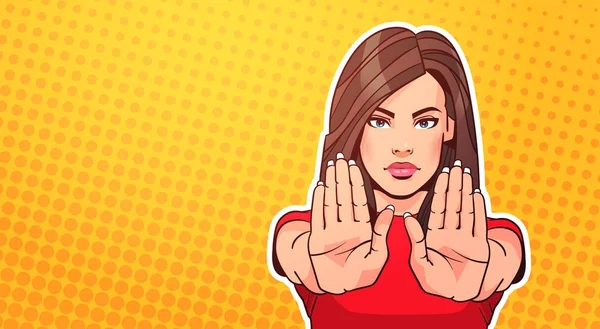 Femme montrant stop signe avec levé main sur pop art fond portrait femelle aucun geste — Image vectorielle