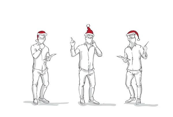 Silhouette maschile in Santa Hat Sketch uomini d'affari impostare Natale o Capodanno concetto di celebrazione — Vettoriale Stock