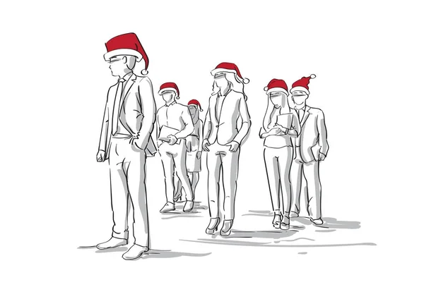 Group Of Sketch Silhouettes Of Business People Wearing Red Santa Hats, Businesspeople New Year And Christmas Holidays Concept — Stock Vector