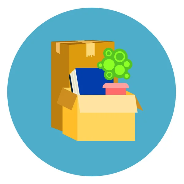 Box with Office Stuff Icon On Blue Round Background — стоковый вектор