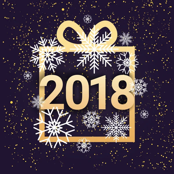 Caja de regalo del diseño de la decoración del año nuevo 2018 con hermosos copos de nieve sobre fondo azul — Vector de stock
