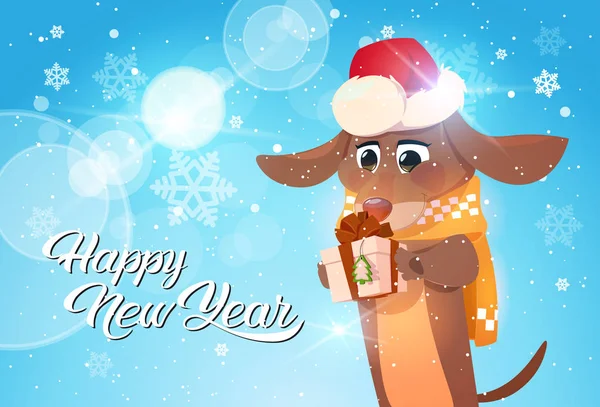 Щасливий новорічний плакат з собакою в Санта-Капелюсі тримає подарункову коробку — стоковий вектор