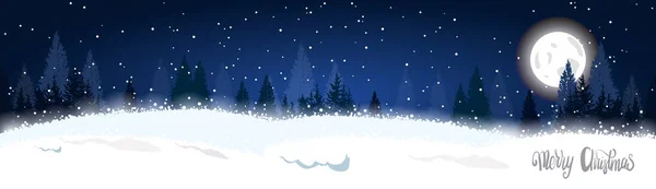 Weihnachten Winter Wald Landschaft horizontal Banner Tannenbäume über Mond und Sterne am Himmel Hintergrund — Stockvektor