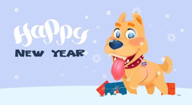 Mutlu yeni yıl Poster ile köpek kar yağışı arka plan 2018 sembolü tatil Bannner üzerinde