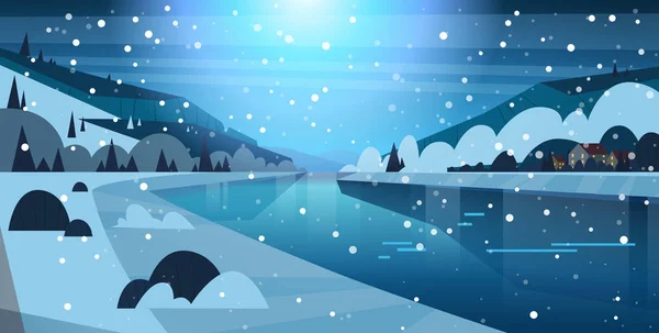 Night Winter Nature Landscape Houses On Frozen River Hills And Falling Snow — Stock Vector