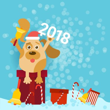 2018 yeni yıl Poster ile Bell Holding ve Santa şapka giyen köpek oturmak hediyeler