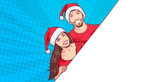 Homme et femme portant la bannière publicitaire de chapeaux de Père Noël avec l'espace de modèle pour le texte sur le fond de broche rétro — Image vectorielle