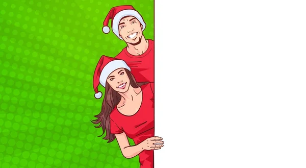 Άνδρας και γυναίκα στο Santa καπέλα διαφήμιση Banner με πρότυπο χώρο για το κείμενο πάνω από κόμικ Pop Art φόντο — Διανυσματικό Αρχείο