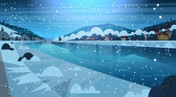 Frozen River Vista notturna con piccole case di campagna sulle montagne Hills Winter Landscape Concept — Vettoriale Stock