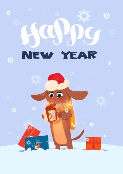 Winter Holidays Greeting Card Dog In Santa Hat Holding Presents Over Snowflakes Background — Stock Vector