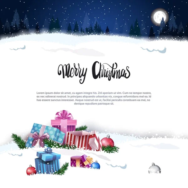 Merry Christmas Kerstkaart met presenteert Over nacht bos landschap Banner met kopie ruimte — Stockvector