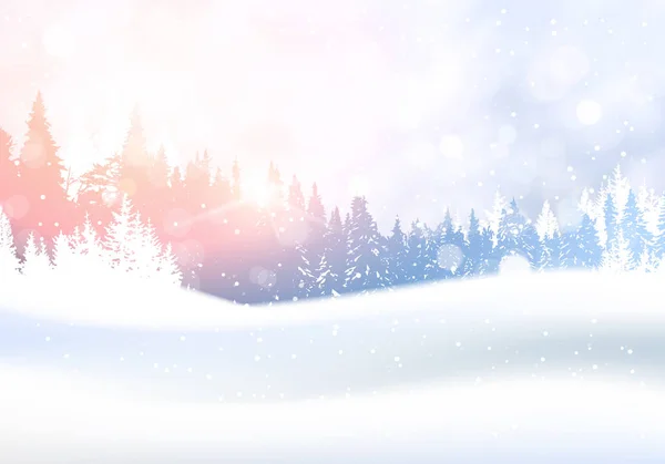 冬の森の森林風景白い雪に覆われた松の日森の背景 — ストックベクタ