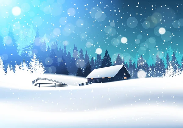 美丽的冬天风景与房子在雪林 — 图库矢量图片