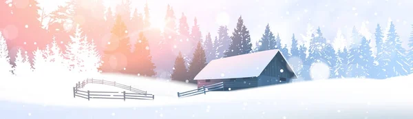 Journée en forêt d'hiver Maison de campagne sur bois de sapin Bannière horizontale — Image vectorielle