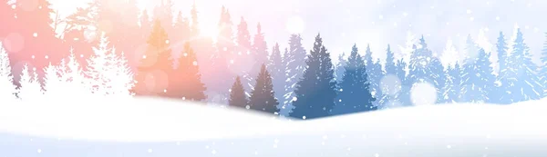 サンシャインの森林風景白い雪に覆われた松の木の下で冬の森光る雪の日森の背景 — ストックベクタ