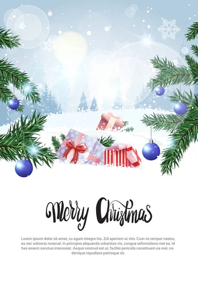 겨울 숲 프리 크리스마스 휴일 배경 디자인 선물 상자 눈 배너 복사 공간에 — 스톡 벡터