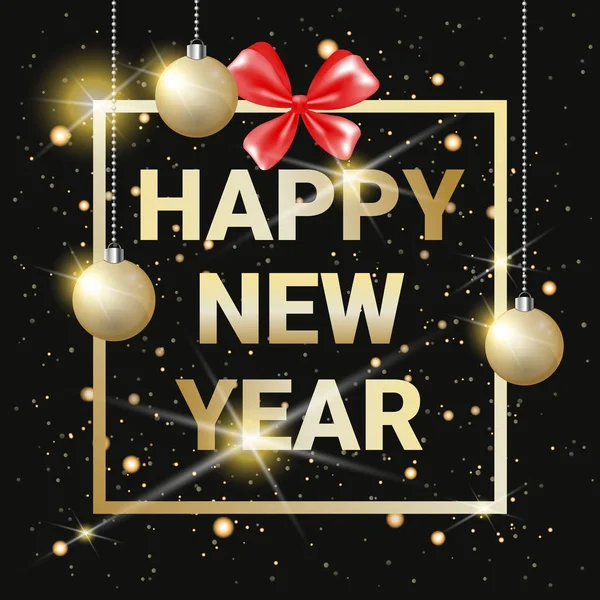 Šťastný nový rok zlatý Text na černé lesklé pozadí s zlaté vánoční koule — Stockový vektor