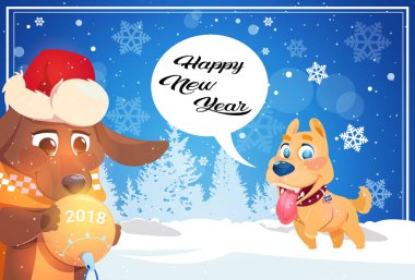 Sevimli köpekler üzerinde Snowy orman yılbaşı tebrik posteri ile mutlu kış tatil Banner arka plan