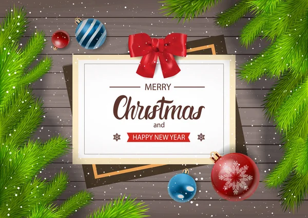 Zimní pohlednice Veselé Vánoce a šťastný nový rok pozdrav na dřevěné pozadí s větvemi jedlí — Stockový vektor