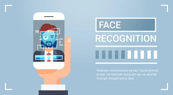 Hånd Hold Smart Phone Scanning Mand Iris Ansigtsgenkendelse Teknologi Banner Biometrisk Identifikation System – Stock-vektor