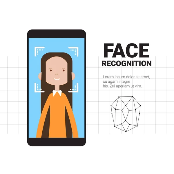 Smart Phone Scanning Woman Face Sistema di riconoscimento moderno Tecnologia di controllo degli accessi Concetto di identificazione biometrica — Vettoriale Stock
