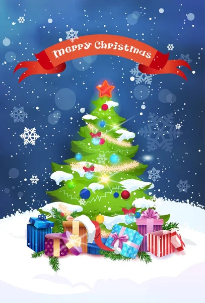 Neşeli Noel tebrik kartı süslü çam ağacı üzerinde gece gökyüzü arka plan tatil afiş — Stok Vektör