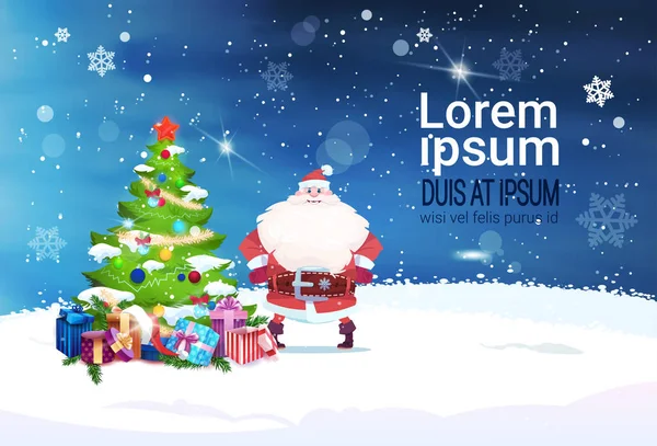 Banner de vacaciones con copia del espacio Santa Claus de pie en el diseño de la decoración del árbol de Navidad — Archivo Imágenes Vectoriales