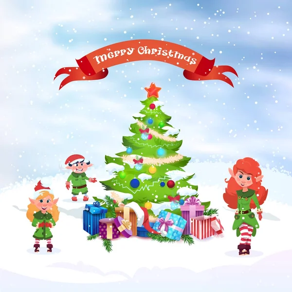 Skupina skřítků poblíž vánoční stromeček Zimní dovolená Pozdrav Card Design — Stockový vektor