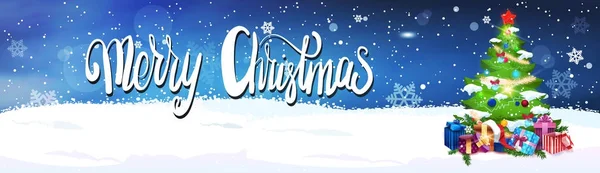 Feliz Natal Lettering Over Night Sky fundo com decorado abeto árvore Horizontal Banner — Vetor de Stock