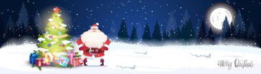 Gece kış orman manzara parlak Noel ağacı ve Noel Baba yatay Banner ile