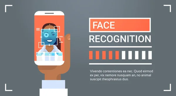 Détecteur de téléphone intelligent à main Technologie de reconnaissance faciale de l'iris féminin afro-américain Système d'identification biométrique — Image vectorielle