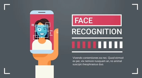 Système d'identification biométrique de bannière de technologie de reconnaissance faciale d'iris femelle de balayage de téléphone intelligent de prise de main — Image vectorielle