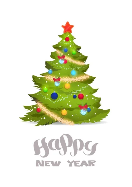 Decorated Christmas Tree Isolated On White Background Happy New Year Lettering Holiday Greeting Card — Stock Vector