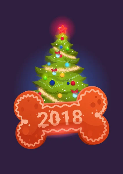 Noel ağacı kemik mutlu yeni yıl boyunca 2018 köpek sembolü tatil tebrik kartı — Stok Vektör