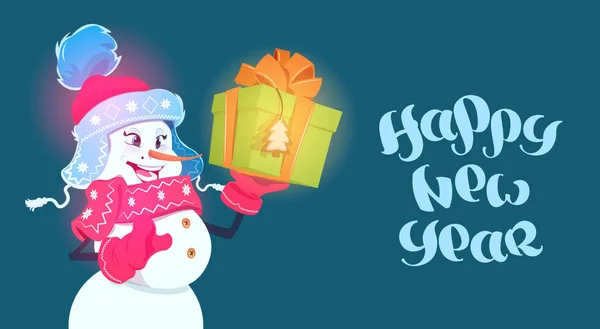 새 해 복 많이 받으세요 포스터 눈사람 소녀 보류 선물 상자 겨울 휴일 개념 — 스톡 벡터