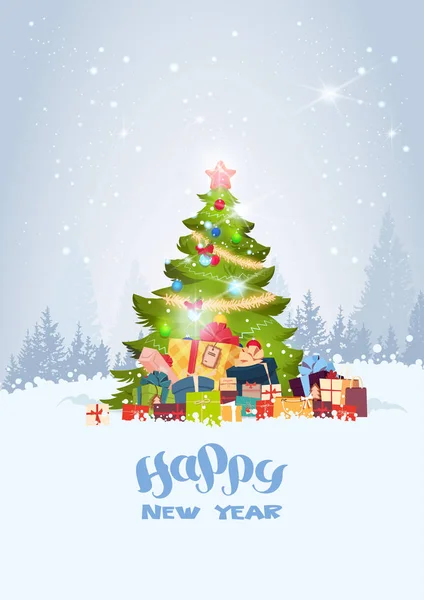 Vakantie groet kaart Christmas Tree Over Snowy Winter Forest gelukkig Nieuwjaar Concept — Stockvector