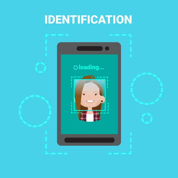Sistema de identificação facial de carregamento de telefone inteligente que verifica a tecnologia moderna de controle de acesso do usuário feminino — Vetor de Stock
